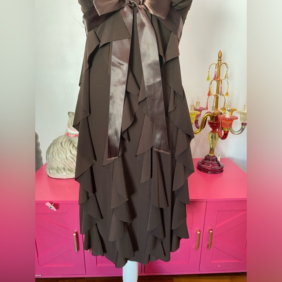 VTG Y2K CACHE BROWN WATERFALL RUFFLE DRESS SIZE 6 - Picture 3 of 6